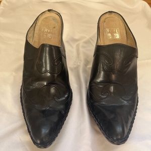 Black Leather Frye Western Mules Heels Boots, Size 8.5
